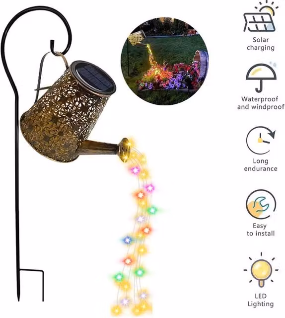 NESTLUNE Solar LED Watering Can Hollow Outdoor Garden Decor Lamp in Bronze
