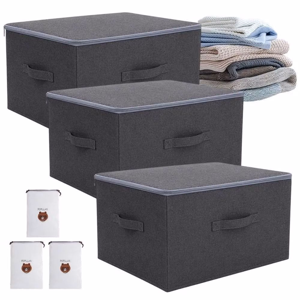 Havendro Set of 3 Foldable Fabric Storage Boxes with Lids in Grey – 3