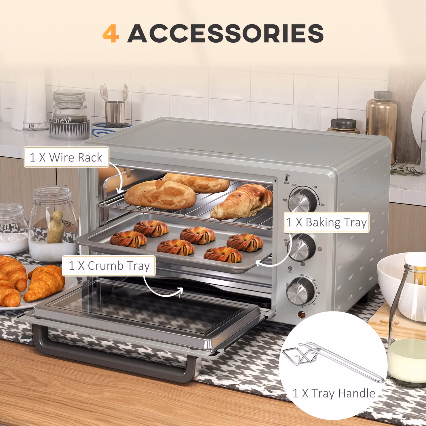 HOMCOM 21L Mini Countertop Oven with Adjustable Temperature up to 230C and Timer in Silver – 4