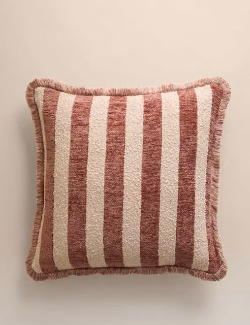 M&S Chenille Striped Fringed Square Cushion in Pink and Multicolour