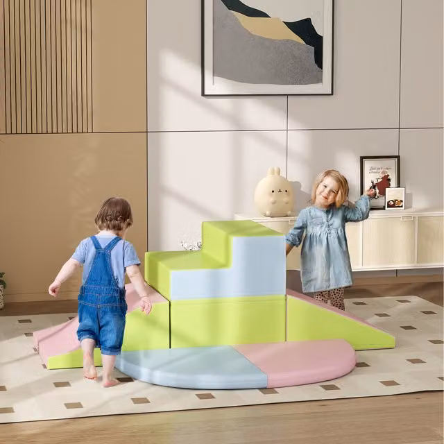 HOMCOM 6-Piece Green and Multicolour Foam Soft Playset with Stairs and Ramp
