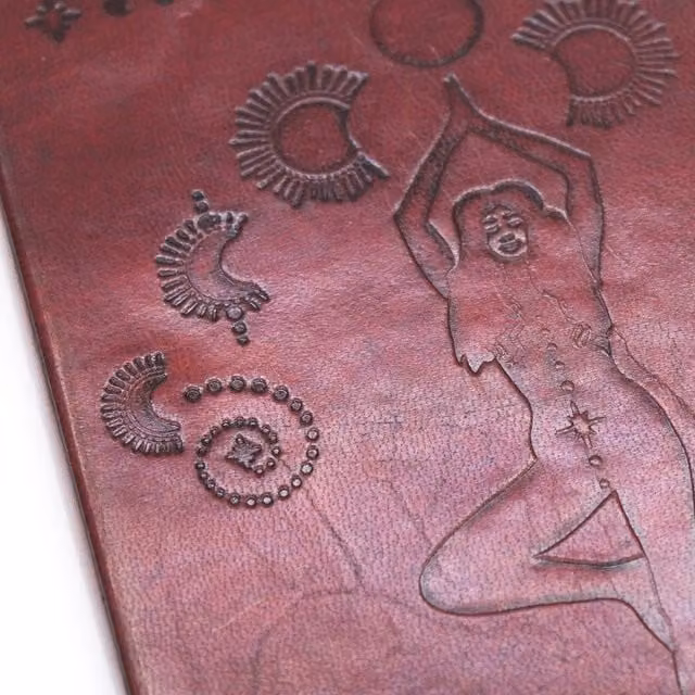 KDMK Cosmic Goddess Leather Notebook Cover with Strap in Maroon Red