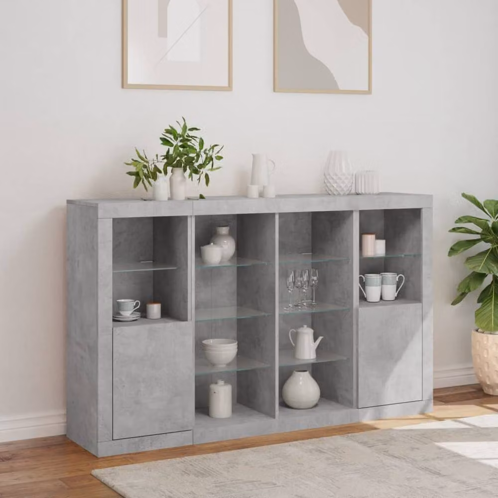 Berkfield Home Set of 3 Modern Sideboards with Integrated LED Lighting in Matt Concrete Grey Engineered Wood – 3