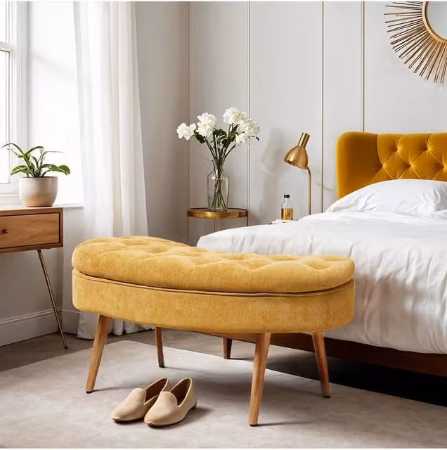 Living and Home Chenille Upholstered Button Tufted Storage Ottoman Bench in Yellow