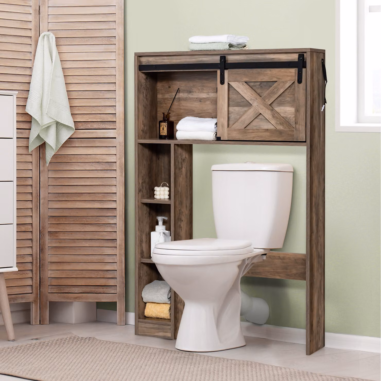 Costway Over The Toilet Storage Cabinet in Brown with Sliding Doors and Internal Shelves – 2