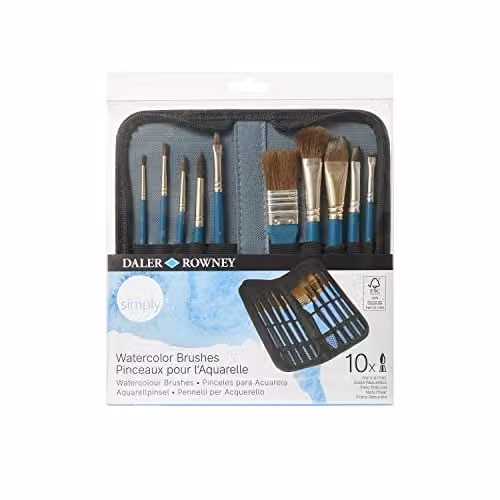 Daler-Rowney Simply Natural Pony Hair Watercolour Brush Set with 10 Assorted Short Handle Brushes