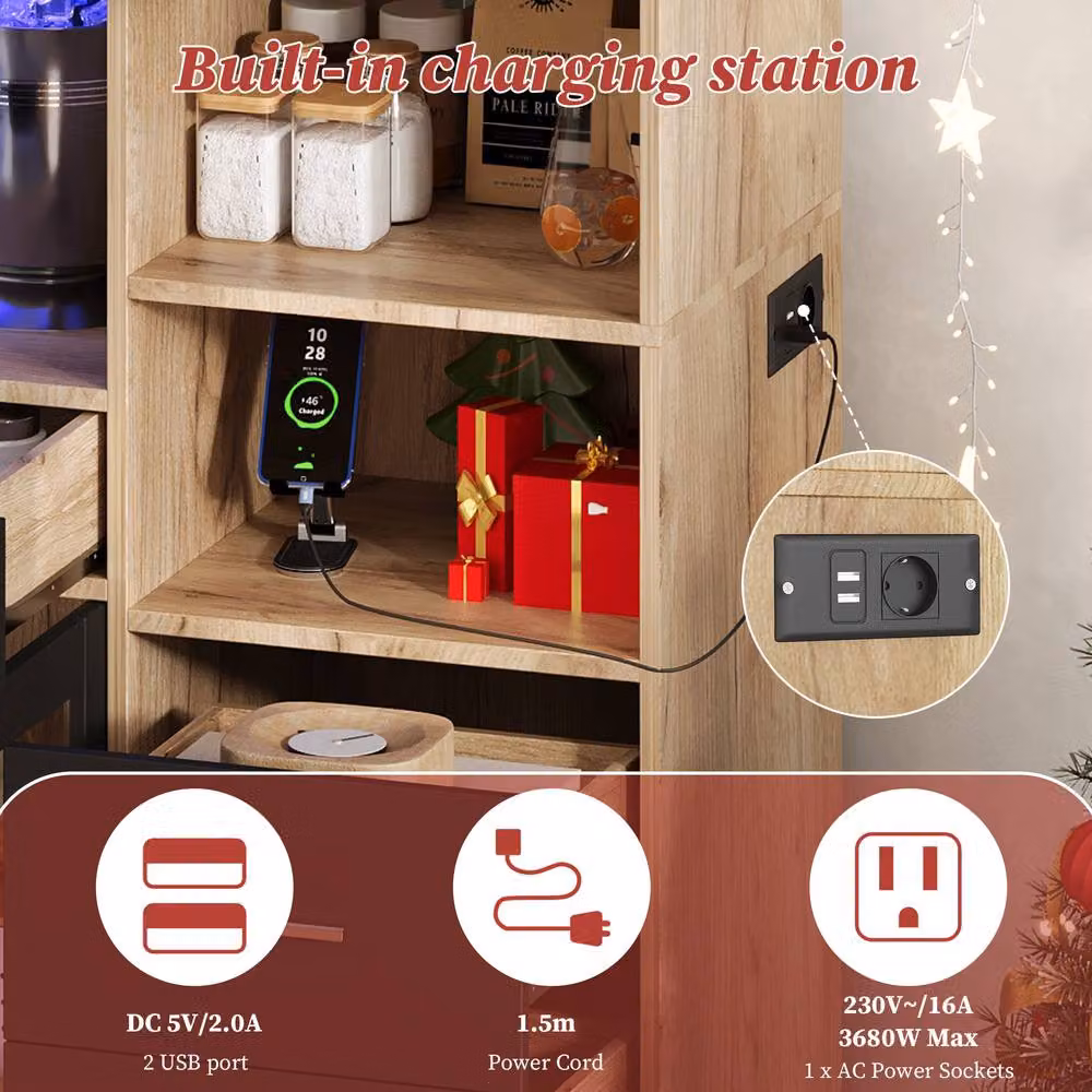 Merax Tall Kitchen Dresser in Black with Glass Doors, Integrated LED Lighting and Power Outlet, Height: 100 cm – 6