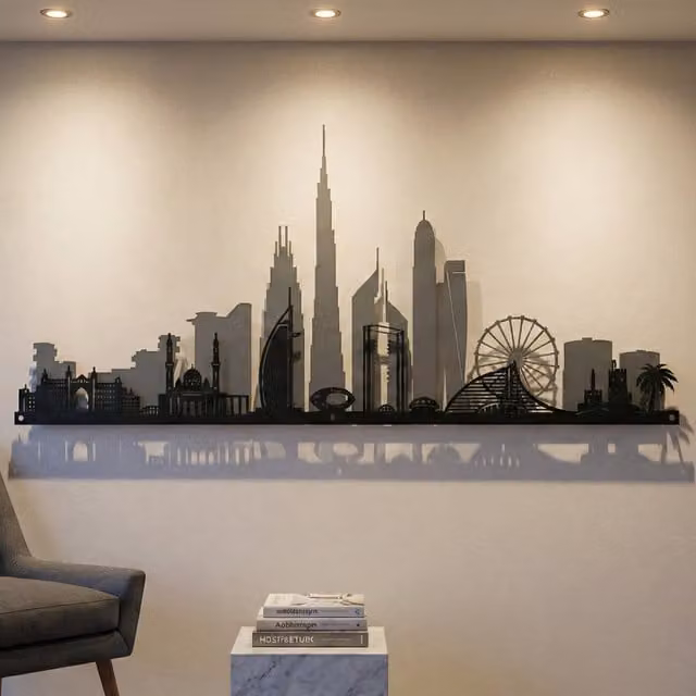 Laser Hut Dubai Skyline Metal Wall Art in Black and Grey
