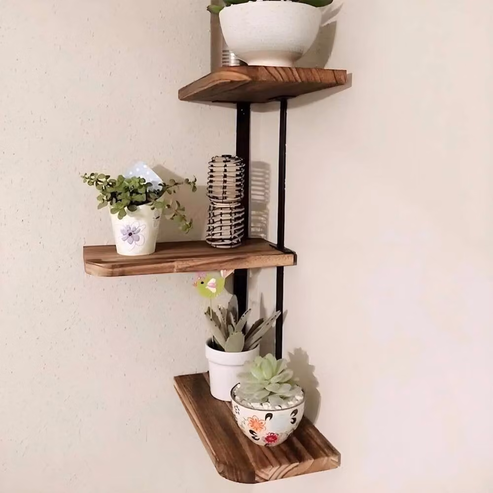 Kelvenix Modern Floating Corner Wall Shelf in Brown Wood and Metal – 3