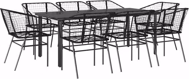 Berkfield Home 9 Piece Modern Black Poly Rattan Garden Dining Set with Glass Top