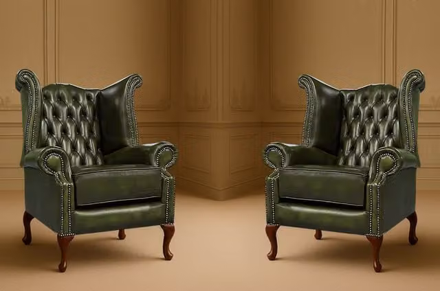 Somnior 2 Seater Leather Chesterfield Wingback Scrolled Arm Chair Set in Dark Green, H 106.68 x W 87.63 x D 71.12 cm