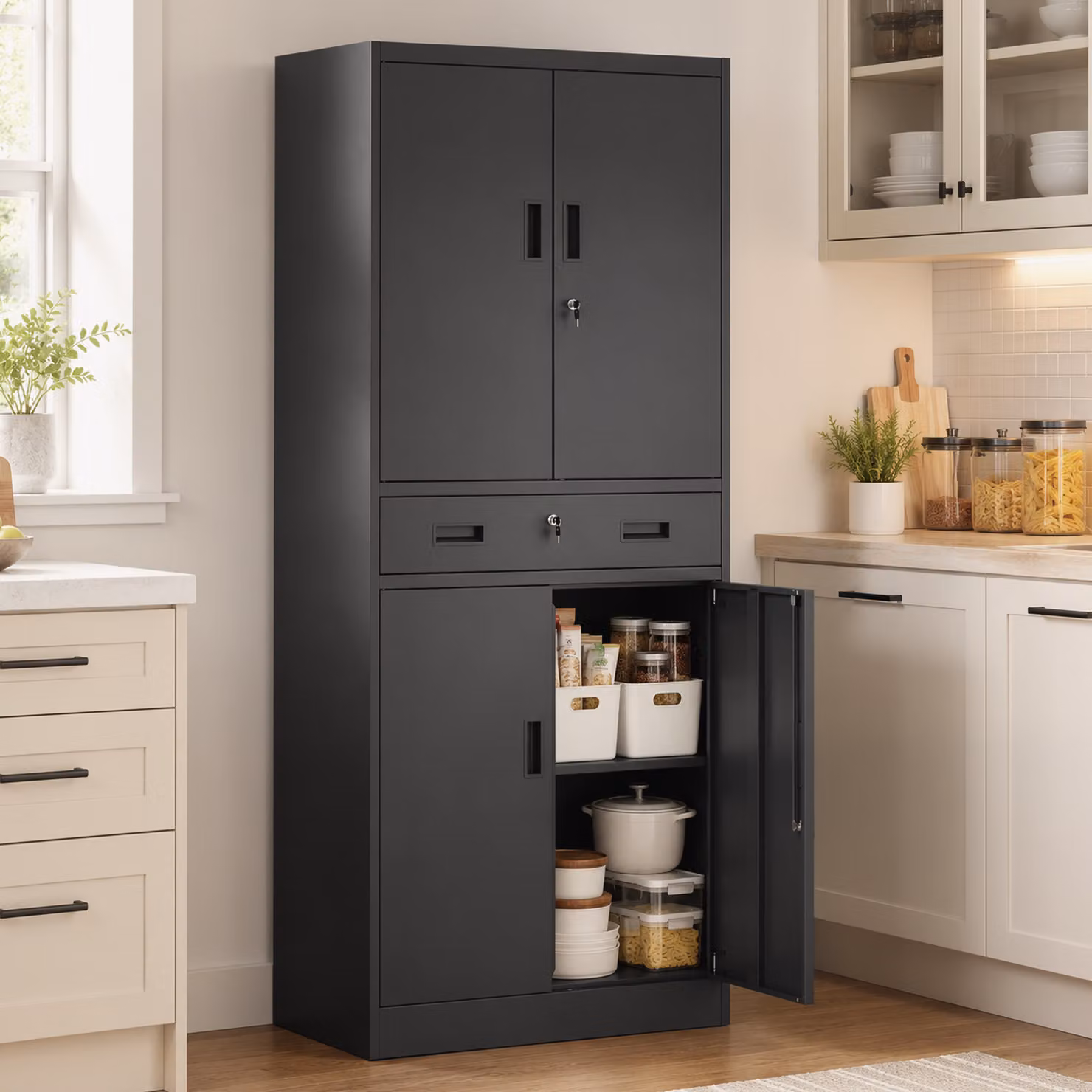 HOMCOM Black Metal Storage Cabinet with Locking Hinged Doors, Drawers and Internal Shelves, Height: 180 cm – 7