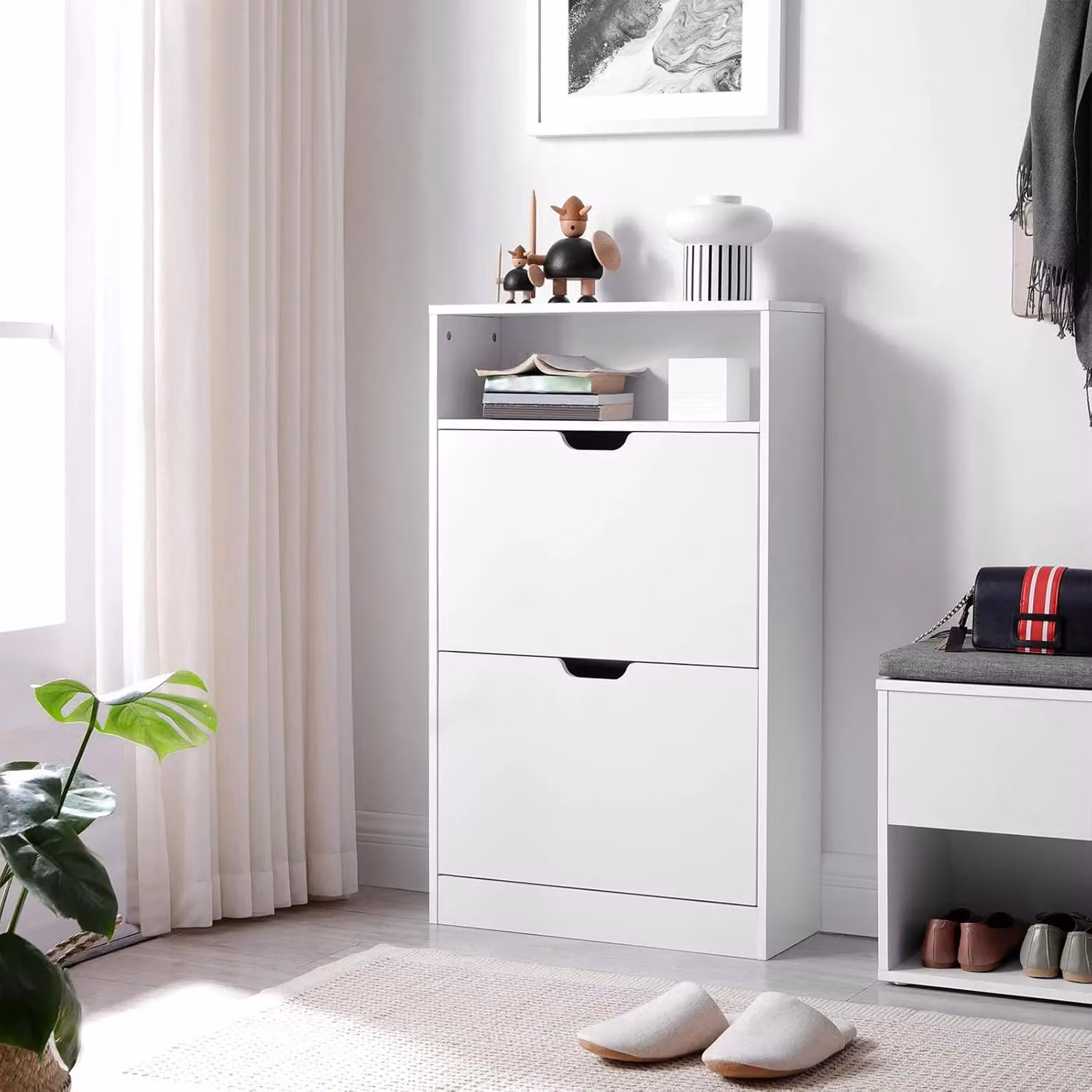 VASAGLE White Modern Shoe Cabinet with 2 Tilting Compartments and Open Top Shelf – 2