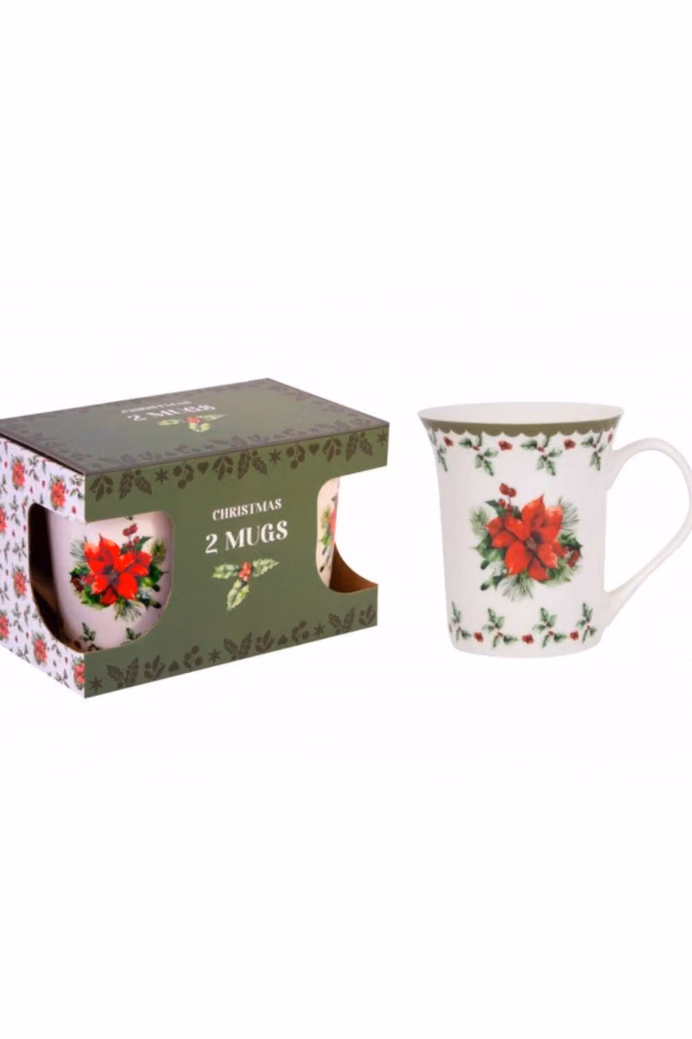 KDMD Christmas Holly Bone China Mugs Set of 2 in White – 2