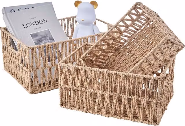 Eden & Willow Set of 3 Open Weave Paper Rope Storage Baskets with Handles in Brown and Beige