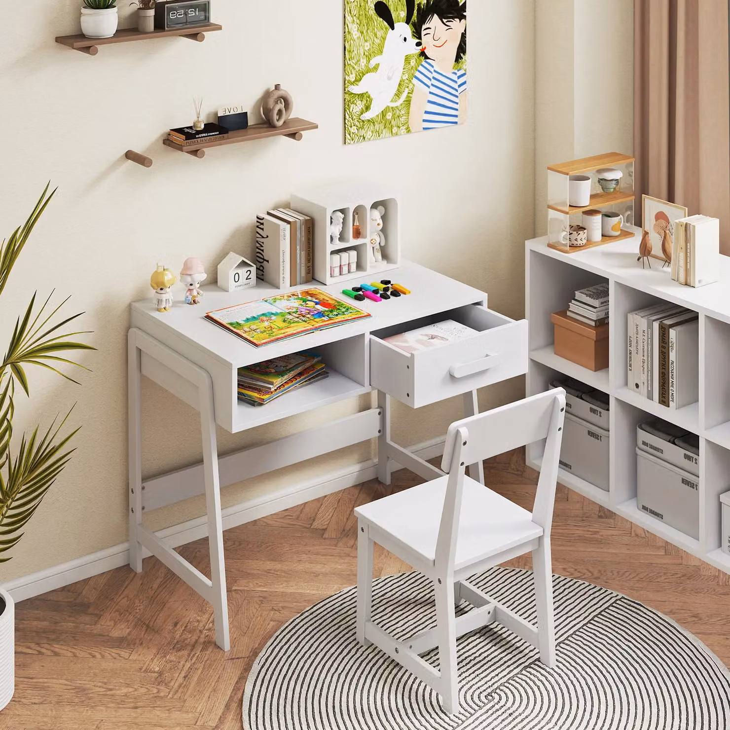 Gymax White Wooden Childrens Desk and Chair Set with Pine Wood Construction – 2