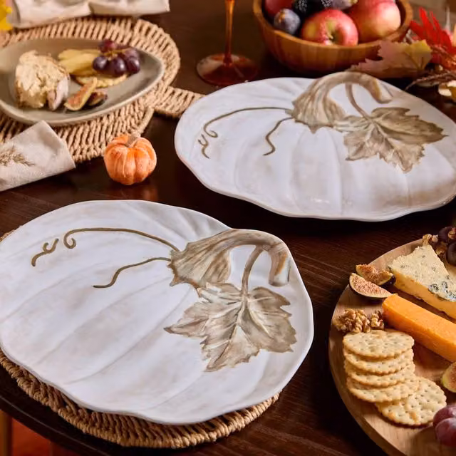 OHS 2 Pack Autumn Pumpkin Shaped Plastic Serving Platters in Orange, Beige and White
