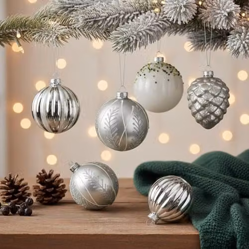 Shatchi 12-Piece Set of Glass Christmas Bauble Hanging Ornaments in Silver and White, Diameter: 8 cm – 6