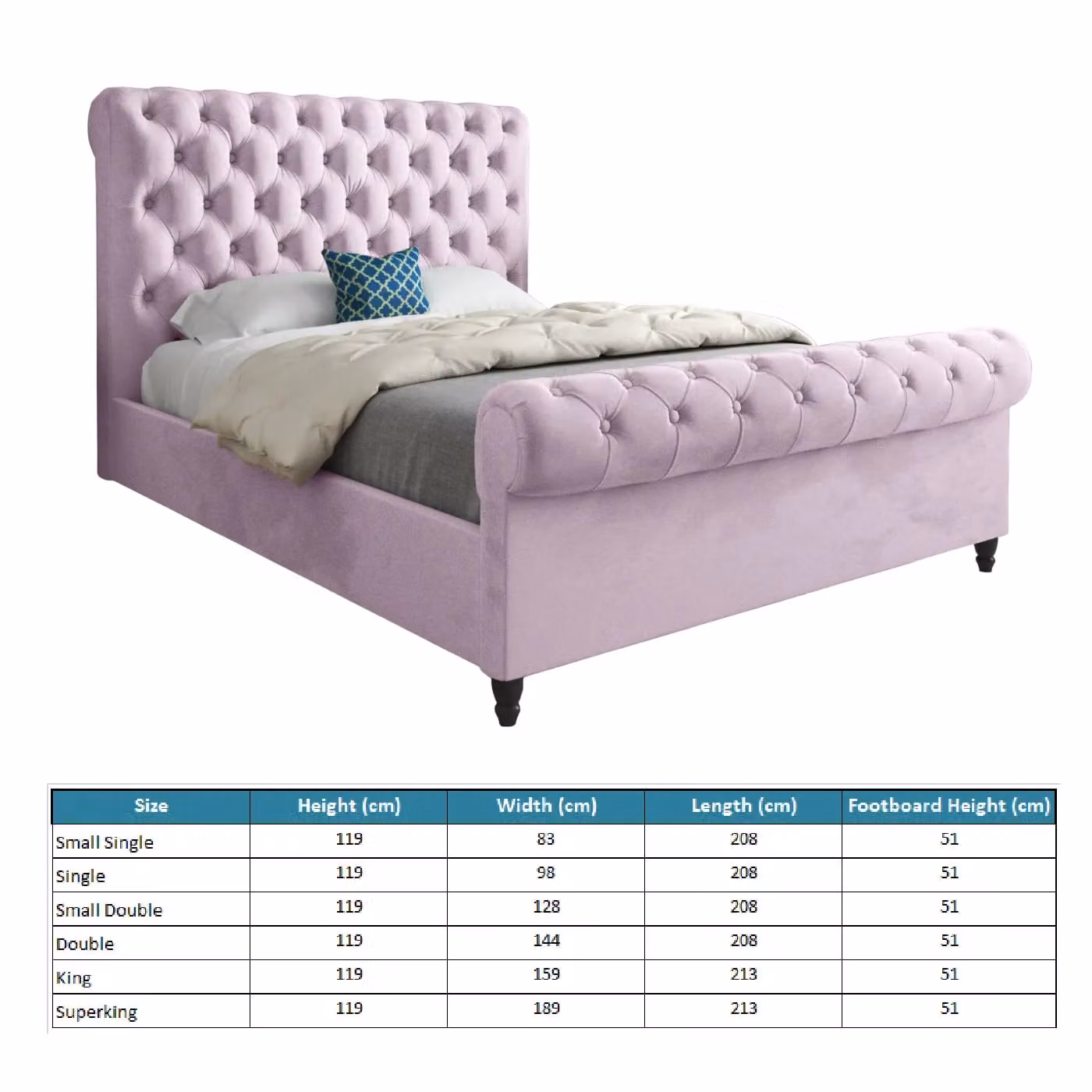 Casani Sienna Sleigh Upholstered Velvet Bed Frame in Pink, W/D/H: 90 x 200 x 119 cm – 4