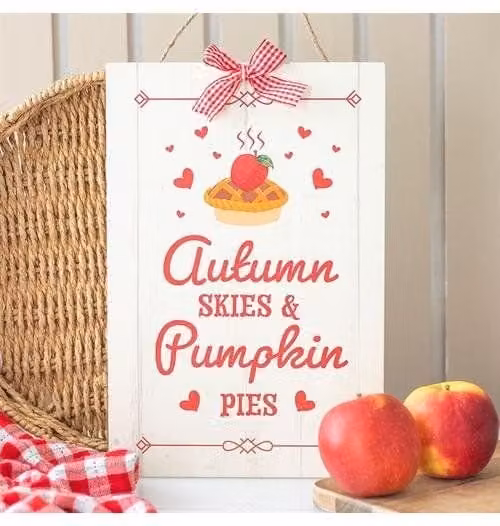 KDMD Autumn Skies and Pumpkin Pies White Wooden Hanging Sign