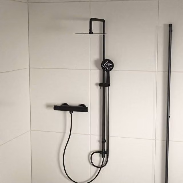 Nes Home Round Shower Kit with Thermostatic Valve and Single Outlet in Matte Black, H 150 cm x W 20 cm – 1