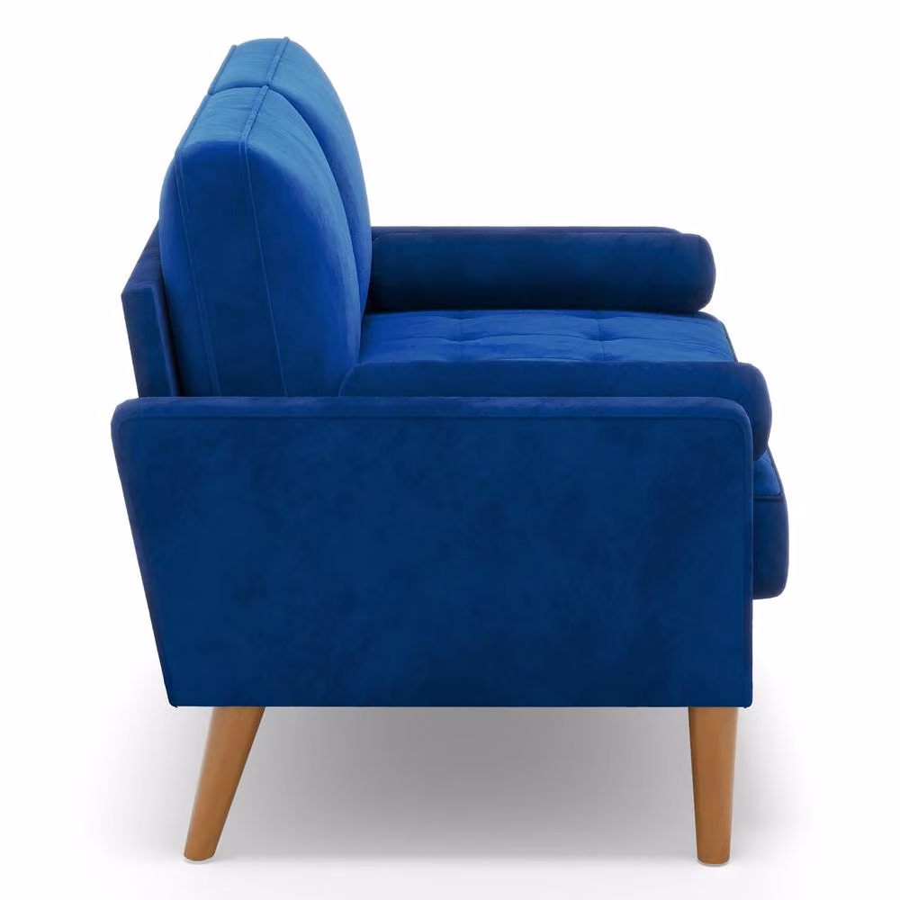 Dprodo Blue Velvet Mid-Century Love Seat Couch with 2 Scatter Cushions, Width: 121 cm – 5
