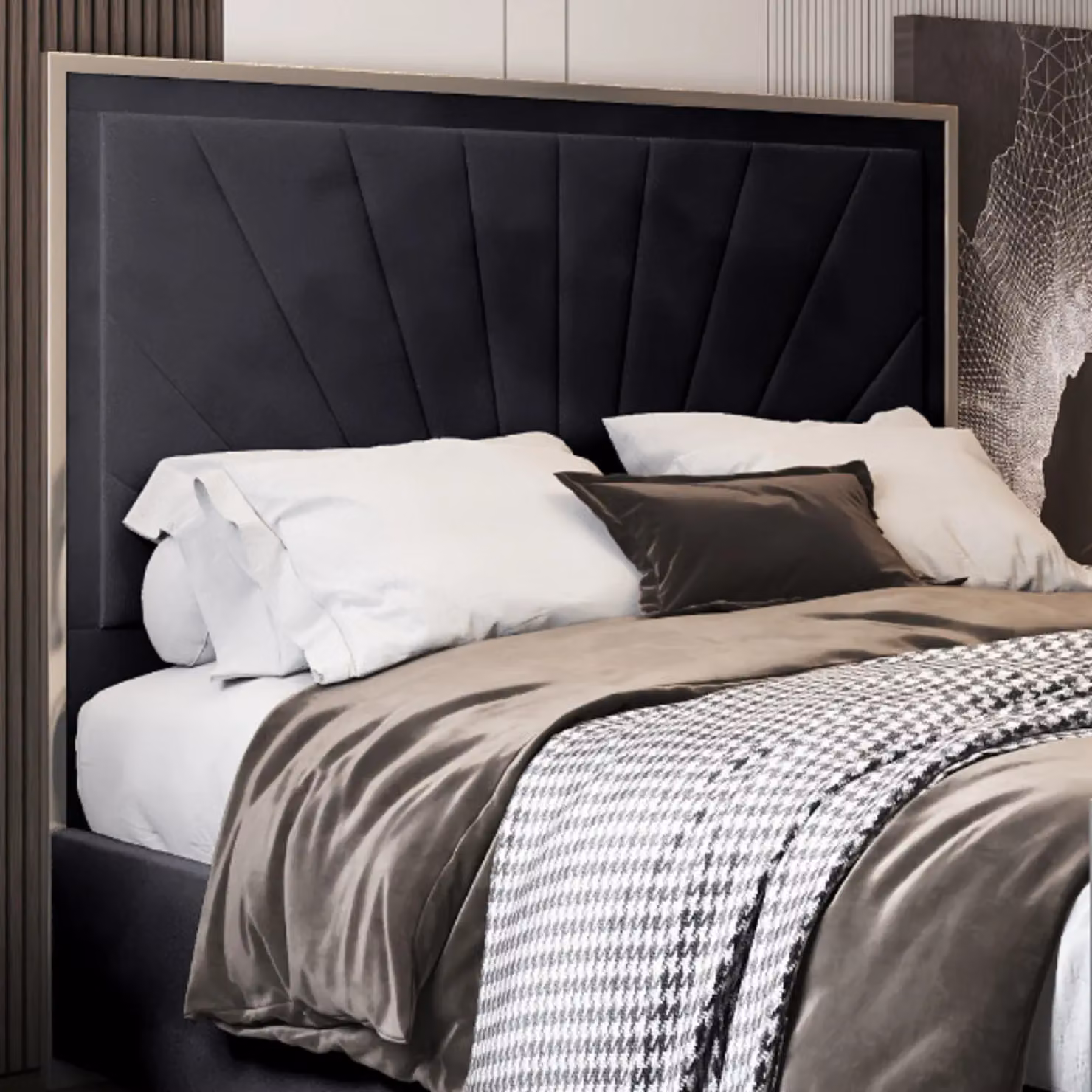 KDMD Roxy Super King Upholstered Velvet Bed Frame in Black with Metal Details, 200 x 200 cm – 2