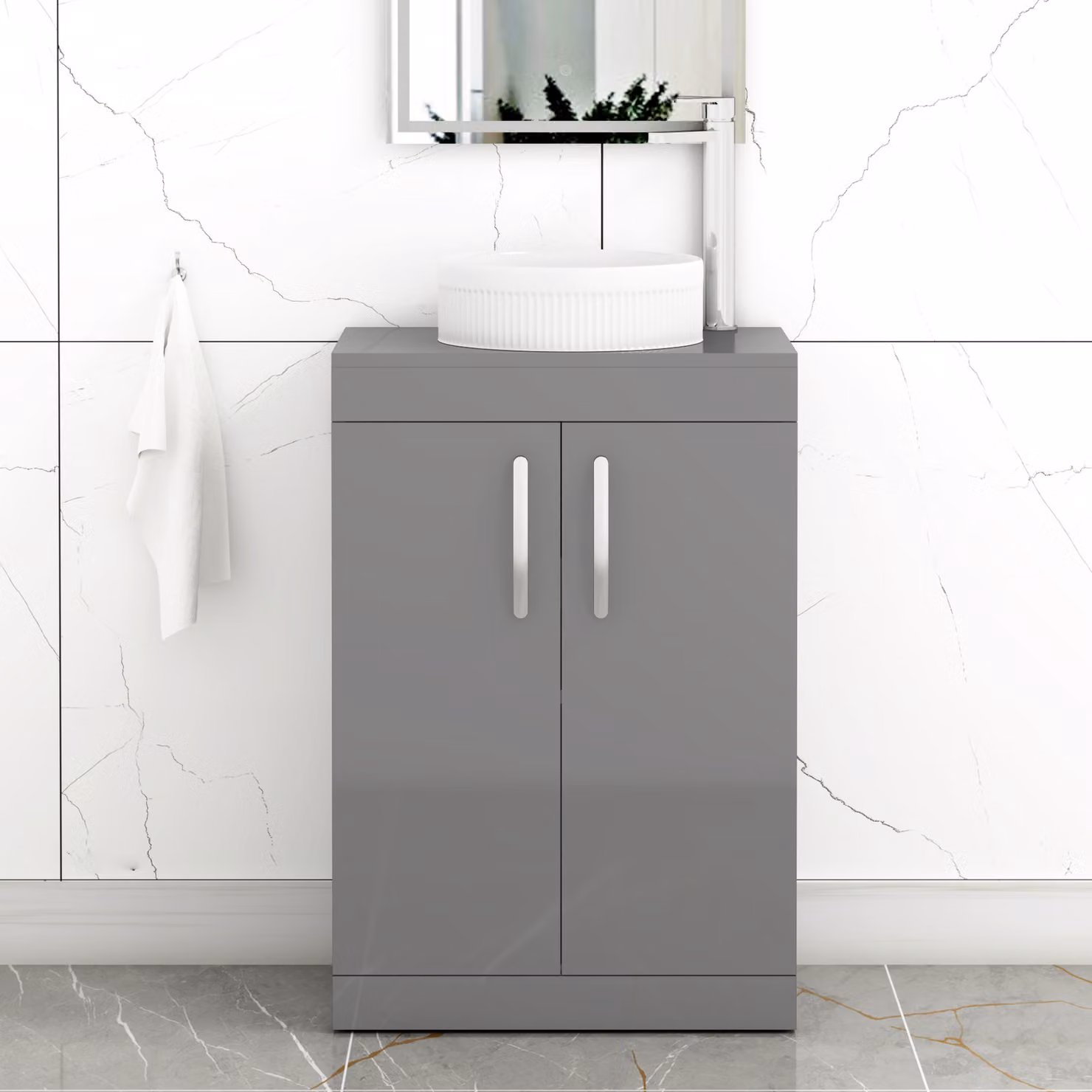 Royal Bathrooms Turin 500mm Floor Standing 2 Door Vanity Unit in Indigo Grey Gloss with Round Countertop Basin