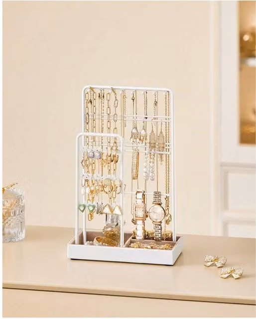 SONGMICS Jewellery Display Stand Organiser with Velvet Tray, White Metal Freestanding Stand
