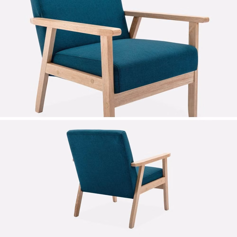 sweeek Scandi-style Blue Fabric Upholstered Armchair with Wood Frame – 3