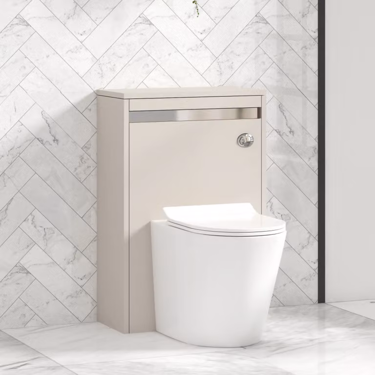 Royal Bathrooms Orion 540mm Warm Taupe Wall Mounted WC Unit with Cesar Rimless Ceramic Toilet Pan, Slim Soft Close Seat and Cistern with Chrome Accent Trim
