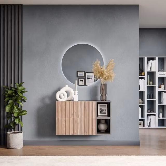 Decorotika Saka Wall Mounted Modern Entertainment Center in Black with LED Lighting and Striped Doors