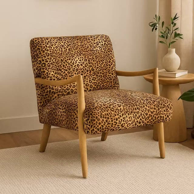 Orsina Leopard Print Velvet Armchair with Mango Wood Frame in Brown – 1