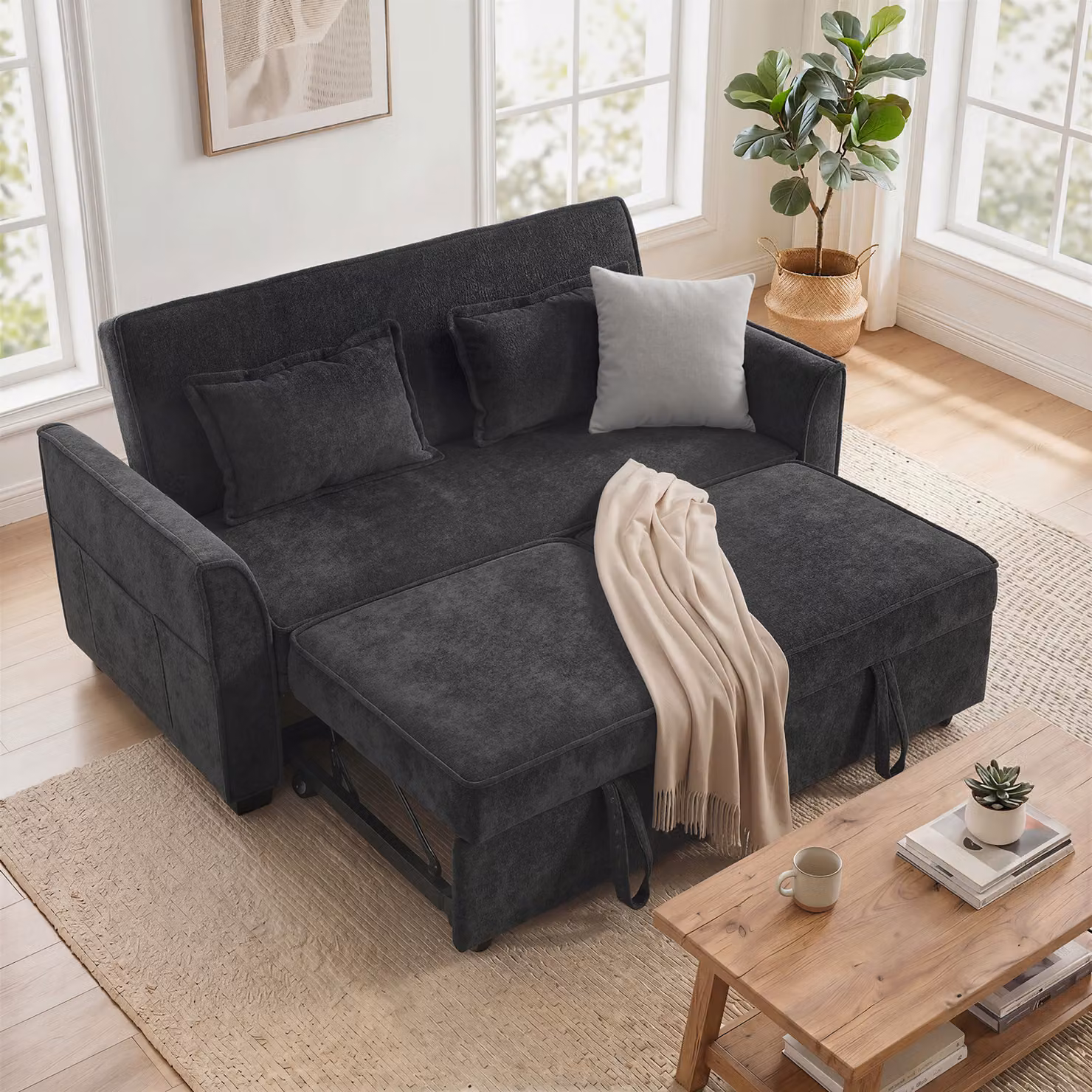 HOMCOM 2 Seater L-Shaped Convertible Sofa Bed in Black with Adjustable Backrest and Side Pockets – 2