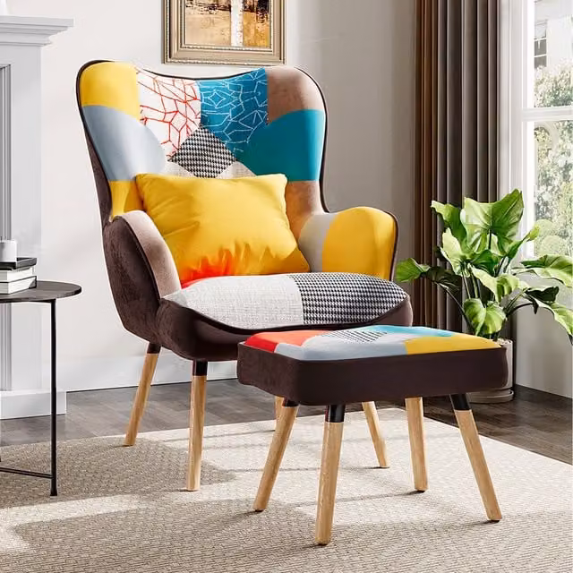 Komore Classic Wingback Upholstered Chair and Ottoman Set with Abstract Multi-colour Fabric Design