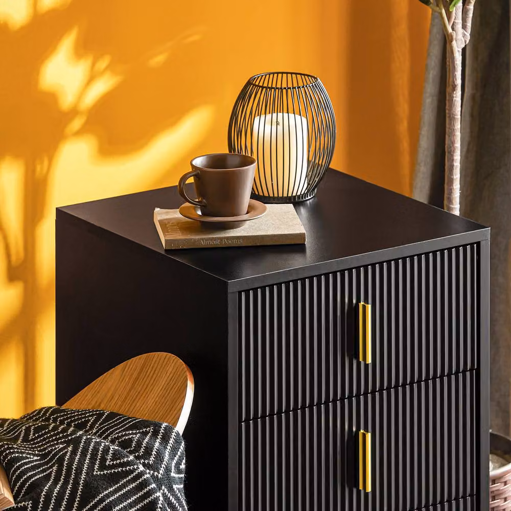 SoBuy 3 Drawer Bedside Table with Ribbed Front and Gold Handles in Black, Height: 63 cm – 3