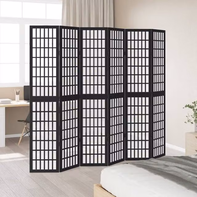 Berkfield Home 6-Panel Room Divider in Black Matt Solid Paulownia Wood, H 215 x W 200 x D 1.6 cm – 1