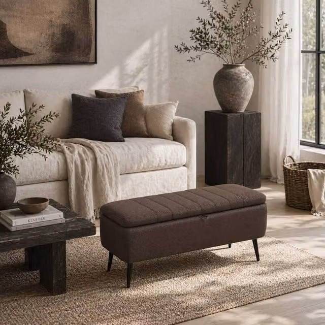 Wyld Haus Mahano Dark Brown Linen Look Rectangular Storage Ottoman – 1