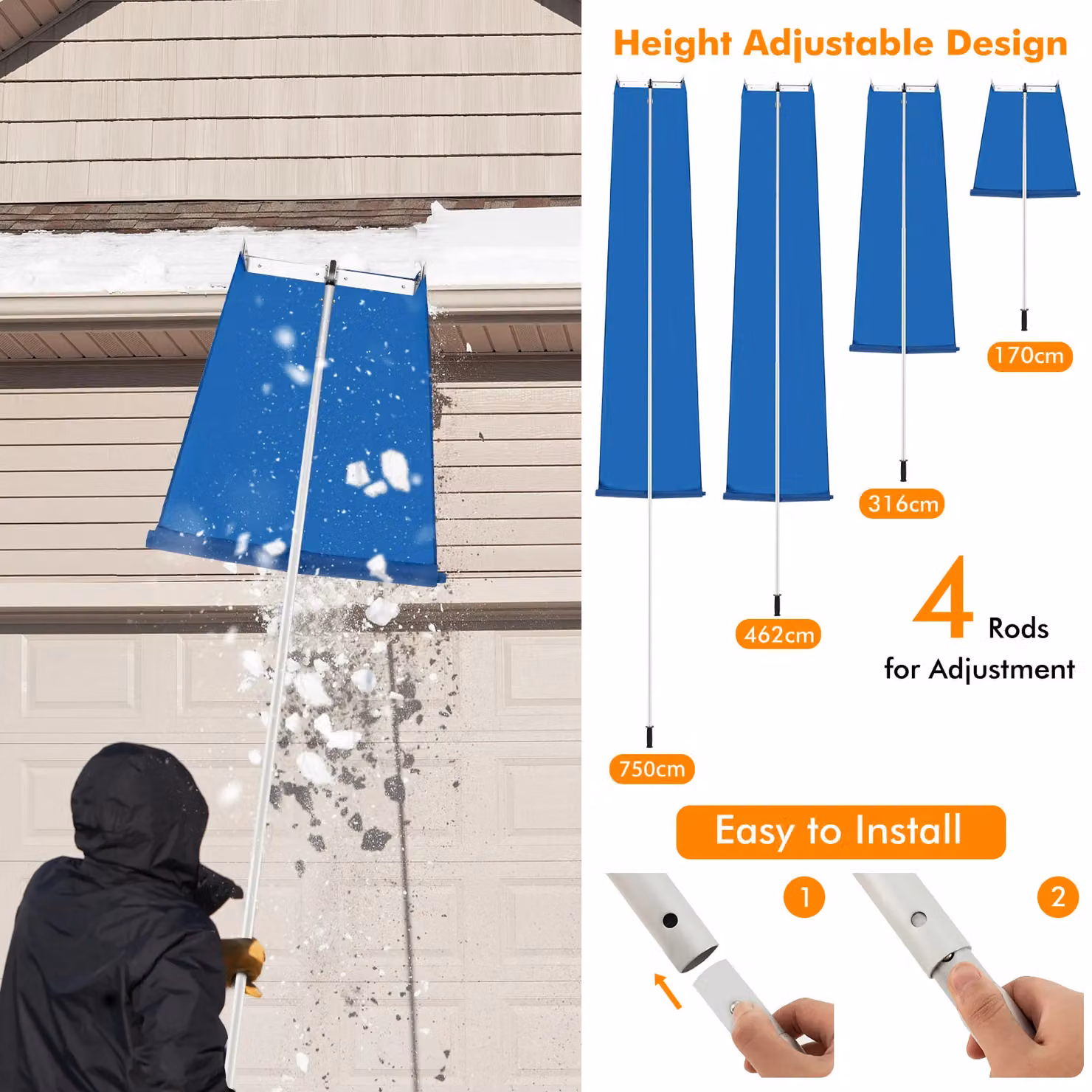 Costway Aluminium Snow Roof Rake with 4-Section Pole for House and Vehicle, Metallic Silver – 4
