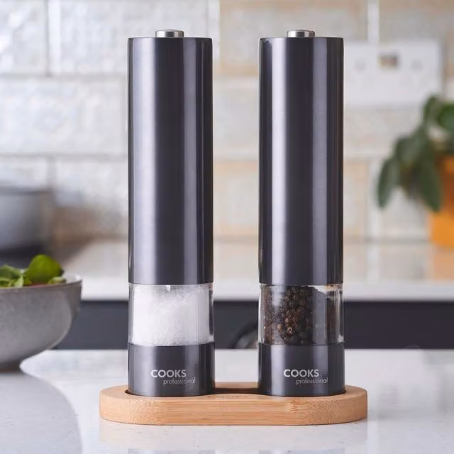 Cooks Professional Electric Automatic Salt and Pepper Mill Set with Bamboo Base in Anthracite