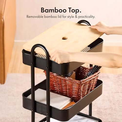 VonHaus 3 Tier Black Storage Trolley with Bamboo Shelves and Wheels, W/D/H: 79.5 x 46.0 x 36.0 cm – 5