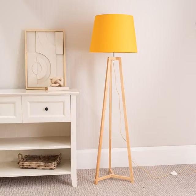 ValueLights Lottie Natural Floor Lamp with Fabric Cone Shade and LED Bulb in Yellow