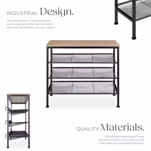 tectake 4-Tier Shoe Rack with Adjustable Shelves and Black Metal Frame in Oak, W/D/H: 75.5 x 30.5 x 69.5 cm – 4