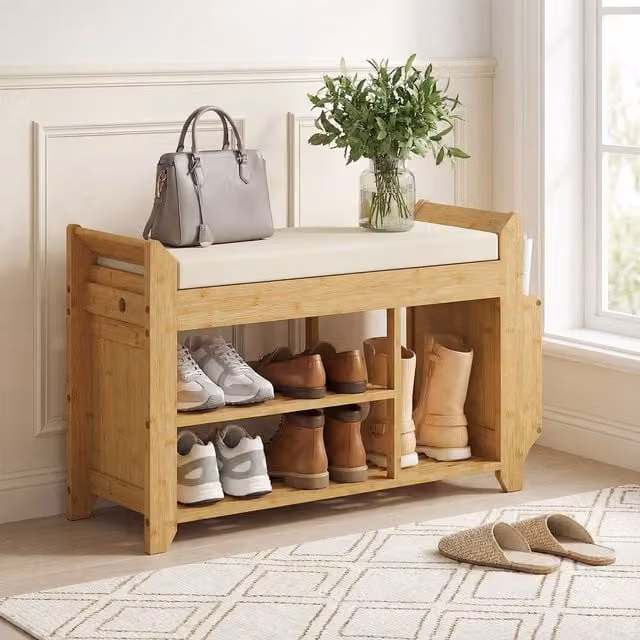 HOMCOM Scandinavian Bamboo Shoe Bench with Cushioned Fabric Seat in Brown and Beige, Width: 80 cm