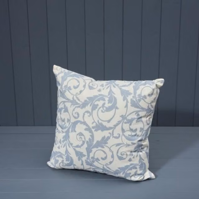 Handcrafted White and Blue Floral Printed Cotton Square Cushion with Filling