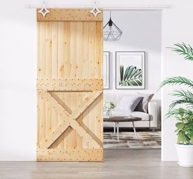 Berkfield Home Rustic Sliding Door with Hardware Set, Solid Wood and Steel, Brown, W: 90 cm, H: 210 cm