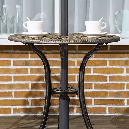 Outsunny 3 Piece Cast Aluminium Garden Bistro Set with Parasol Hole in Bronze Brown – 7