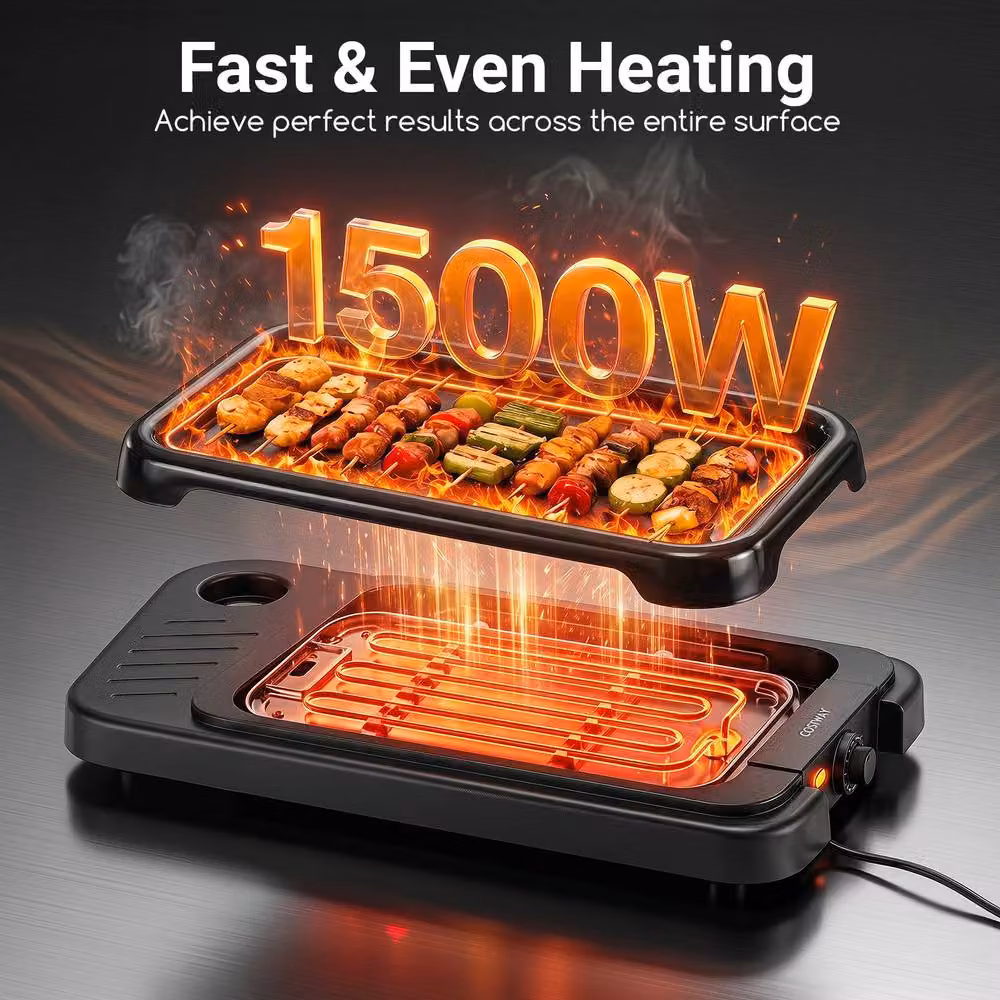 Costway 1500W 2-in-1 Electric BBQ Grill with Detachable Stand and Dual Plates, Black – 7