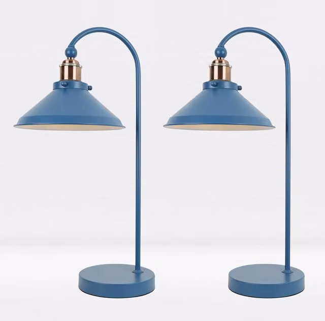First Choice Lighting Maxwell Mirage Blue and Brushed Copper Metal Task Table Lamp Set of 2