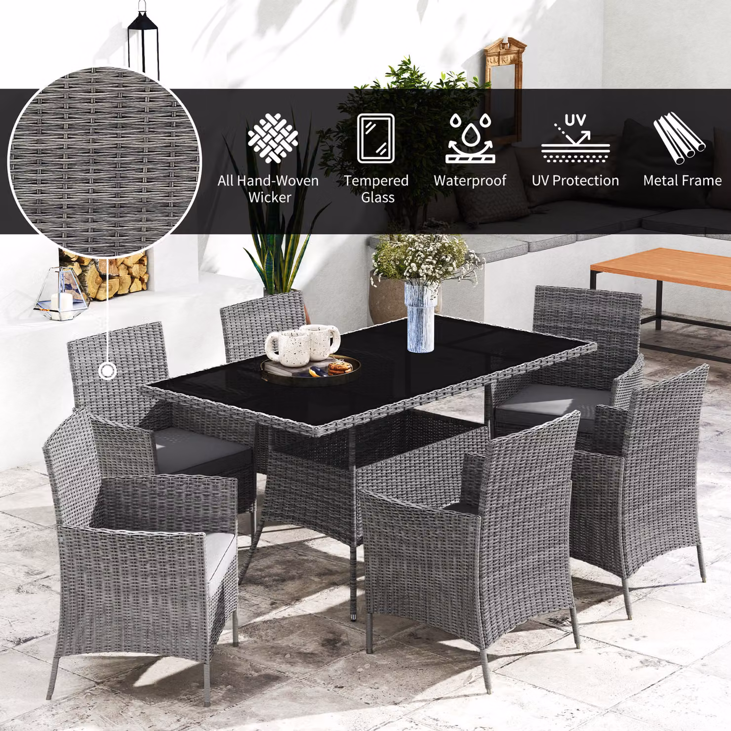 Outsunny 7-Piece Rattan Garden Furniture Set with Cushions, 6 Seater Glass Top Table and 6 Armchairs, Charcoal Grey – 4
